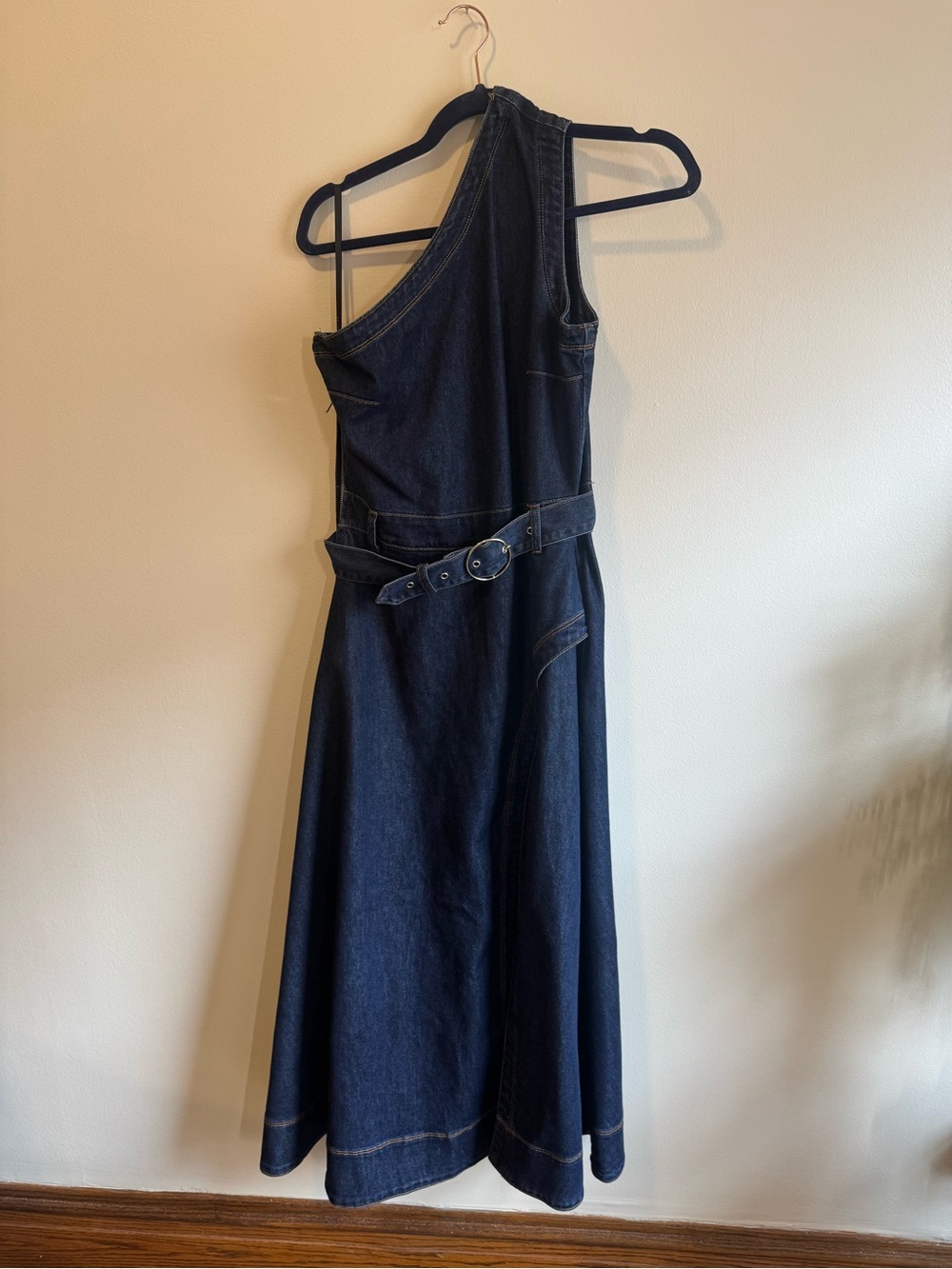 Avec Les Filles One-Shoulder Dark Blue Denim Belted Dress
